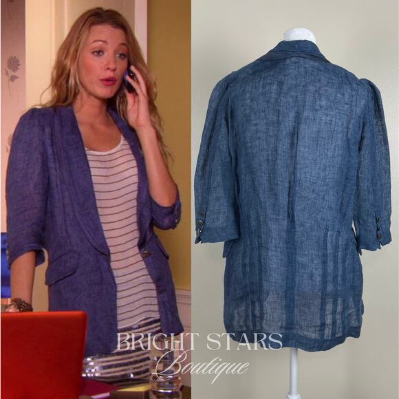 Rare Blue Linen Blazer Jacket ASO Serena Van Der Woodsen Gossip Girl Y2K - Picture 2 of 12